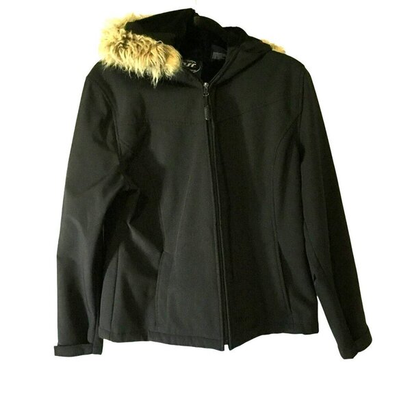 Dutch Harbor Gear Rain Jacket Women's Sz Large Softshell Fur-Trim Hooded Black - Picture 1 of 12